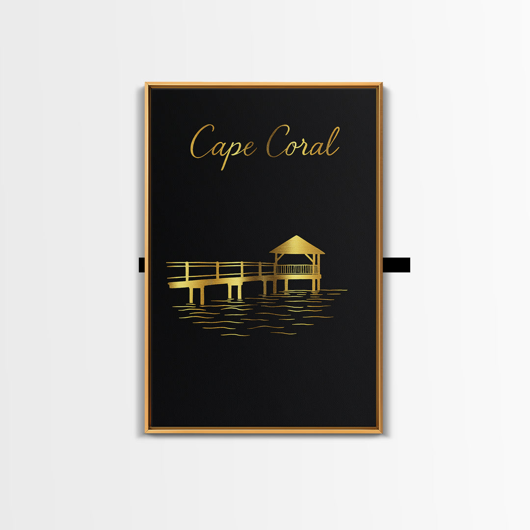 Cape Coral Florida Travel Poster, Canvas Print, Black Gold Minimalist Art, Cape Coral Poster Print, Mid Century Wall Art, Travel Wall Decor