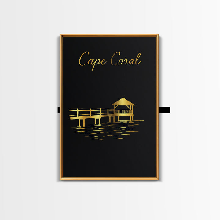Cape Coral Florida Travel Poster, Canvas Print, Black Gold Minimalist Art, Cape Coral Poster Print, Mid Century Wall Art, Travel Wall Decor