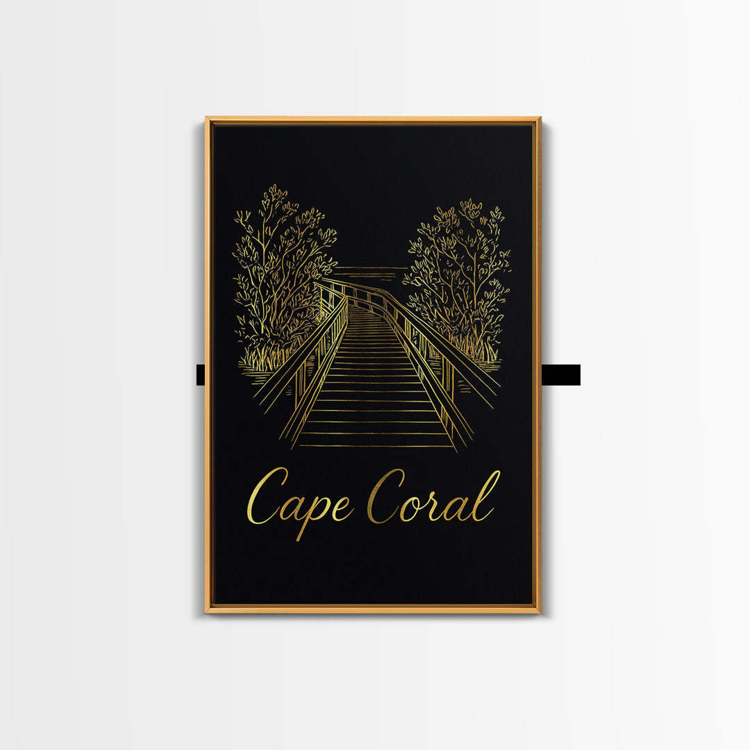 Cape Coral Travel Poster, Framed Canvas Print, Gold Outline Poster Art, Cape Coral Travel Art, Travel Wall Decor, Modern Wall Decor