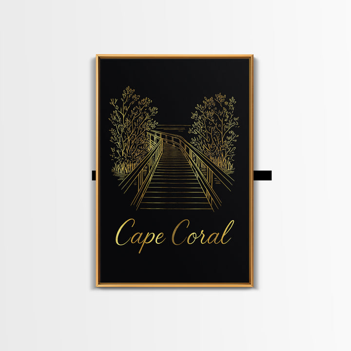 Cape Coral Travel Poster, Framed Canvas Print, Gold Outline Poster Art, Cape Coral Travel Art, Travel Wall Decor, Modern Wall Decor