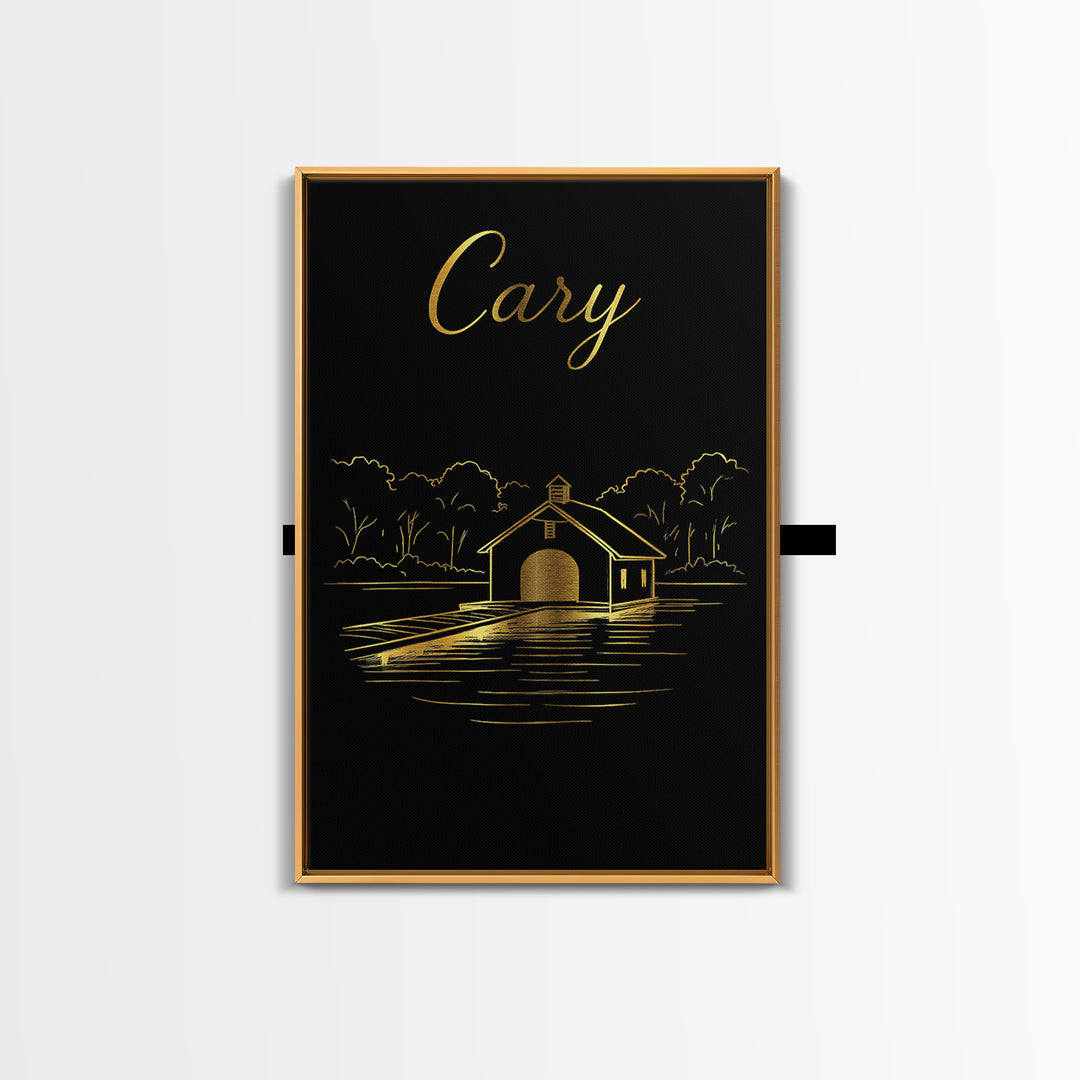Cary North Carolina Travel Poster, Canvas Print, Gold Outline Poster Art, Cary Wall Art, Vintage City Poster, Skyline Art, Vintage City Art