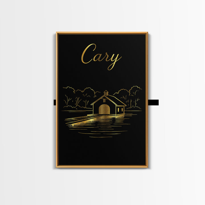 Cary North Carolina Travel Poster, Canvas Print, Gold Outline Poster Art, Cary Wall Art, Vintage City Poster, Skyline Art, Vintage City Art