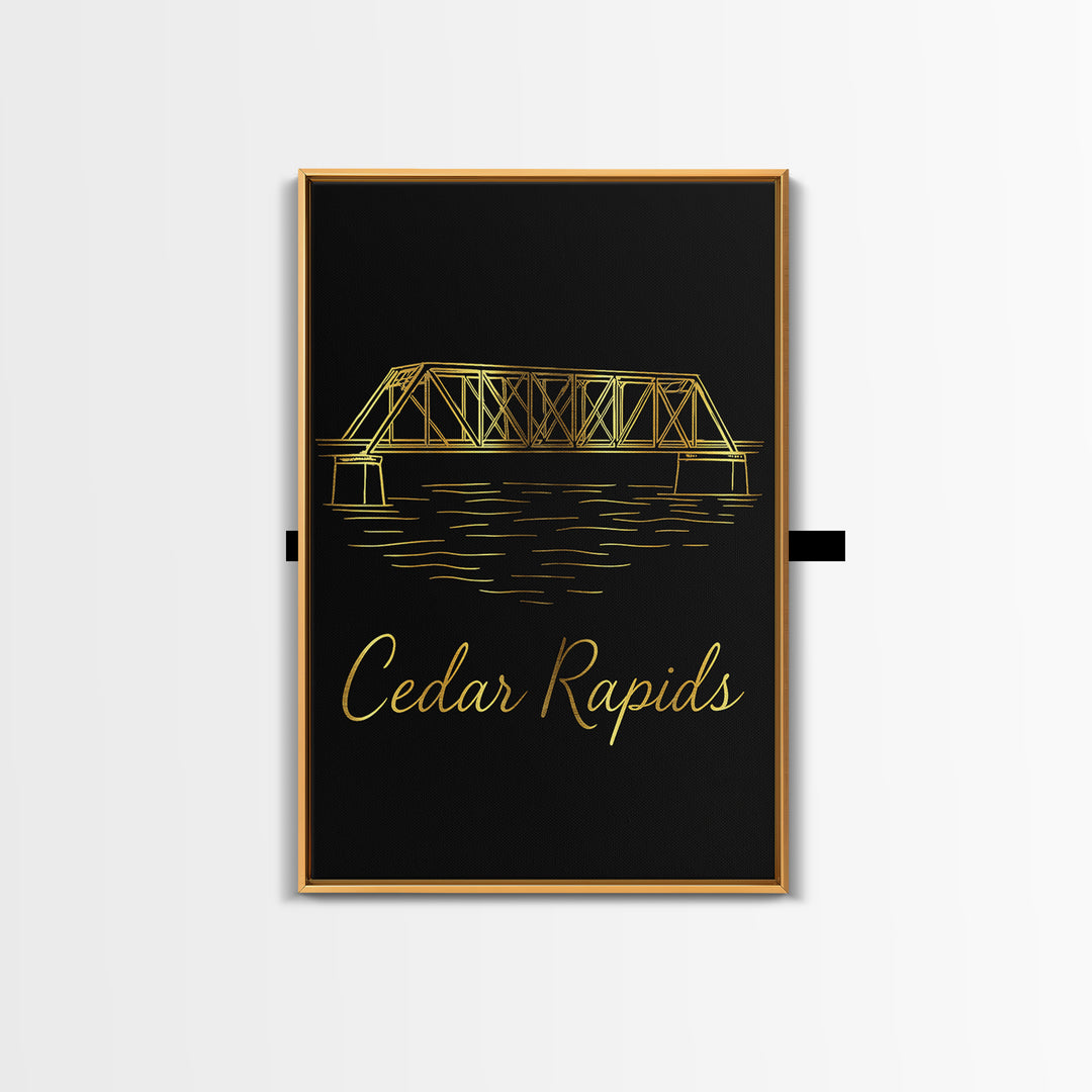 Cedar Rapids Iowa Travel Poster, Canvas Print, Gold Outline Poster Art, Cedar Rapids Wall Art, Gift For Travelers, Wanderlust Decor