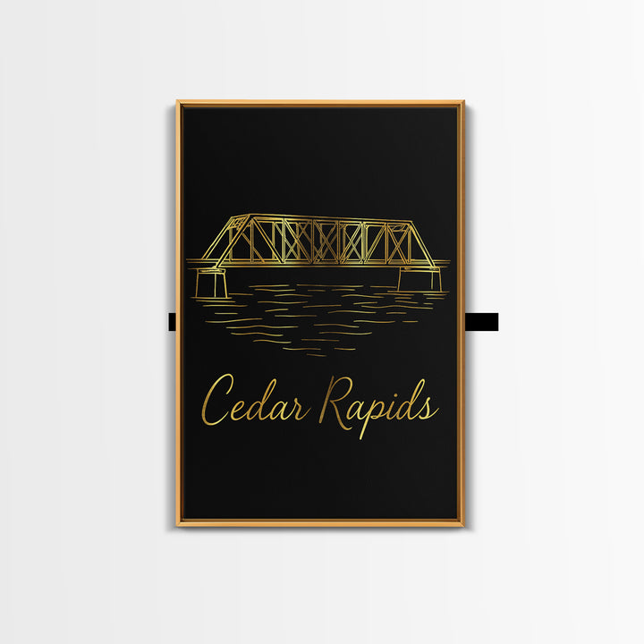 Cedar Rapids Iowa Travel Poster, Canvas Print, Gold Outline Poster Art, Cedar Rapids Wall Art, Gift For Travelers, Wanderlust Decor