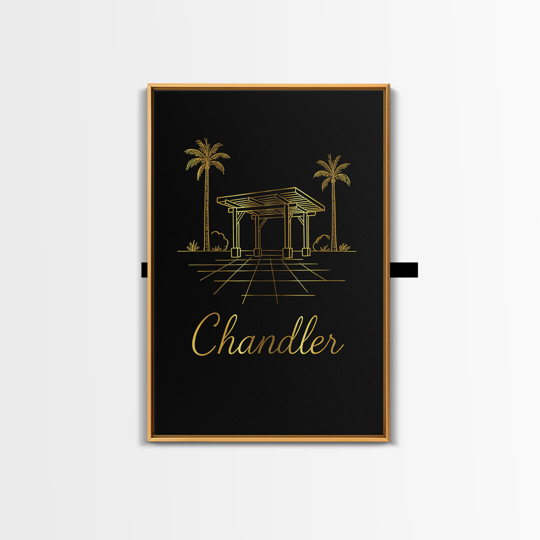 Chandler Arizona Travel Poster, Framed Canvas Print, Gold Outline Poster Art, Chandler Poster Print, Wanderlust Decor, Travel Wall Art