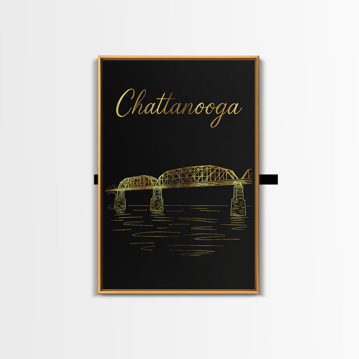 Chattanooga Tennessee Travel Poster, Canvas Print, Gold Outline Poster Art, Chattanooga Wall Art, Mid Century Wall Art, Travel Art Print