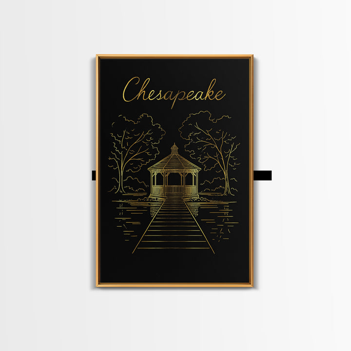 Chesapeake Travel Poster, Framed Canvas Print, Black Gold Minimalist Art, Chesapeake Art Print, Eclectic Wall Decor, Gift For Travelers
