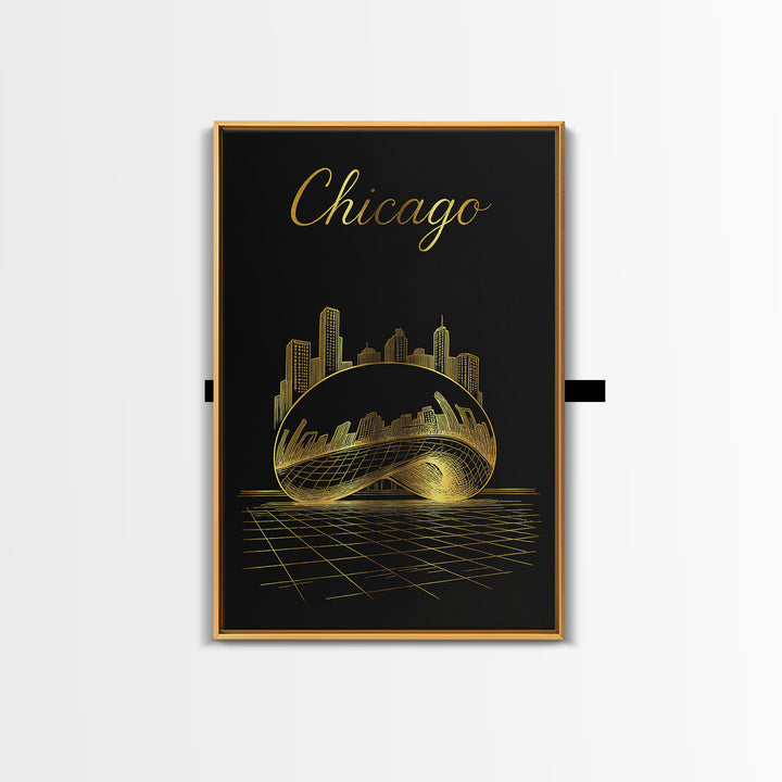 Chicago Illinois Travel Poster, Framed Canvas Print, Gold Outline Poster Art, Chicago Travel Art, Gift For Travelers, Retro Travel Print