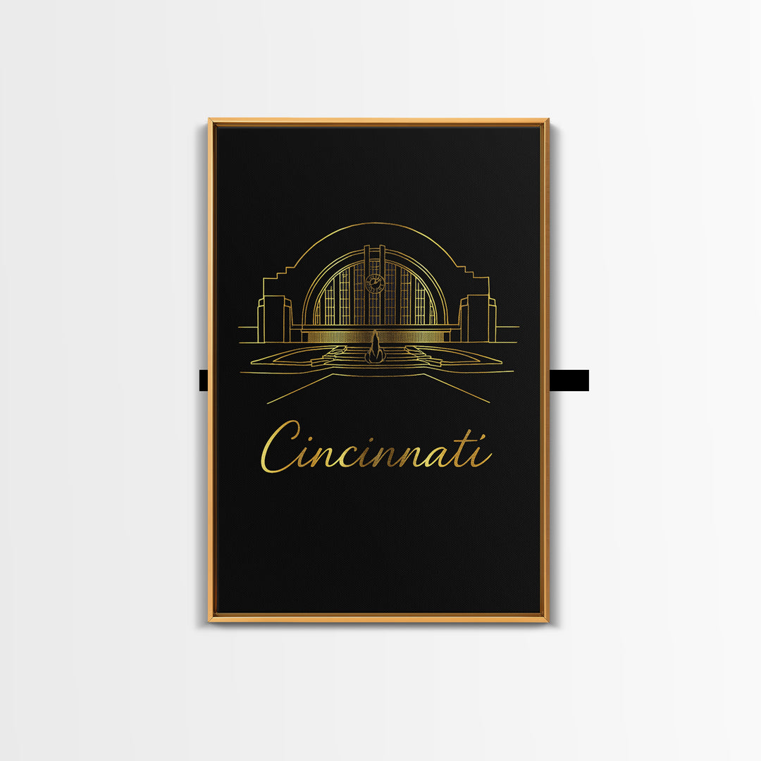Cincinnati Ohio Travel Poster, Framed Canvas Print, Black Gold Minimalist Art, Cincinnati City Art, Fine Art Print, Living Room Wall Art