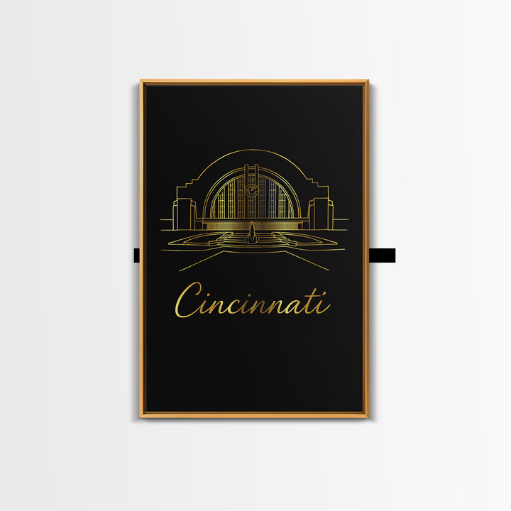 Cincinnati Ohio Travel Poster, Framed Canvas Print, Black Gold Minimalist Art, Cincinnati City Art, Fine Art Print, Living Room Wall Art