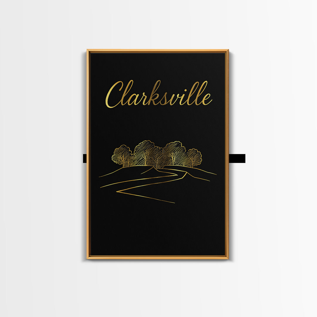 Clarksville Tennessee Travel Poster, Framed Canvas Print, Minimalist Gold Line Art, Clarksville City Art, City Art Print, Wanderlust Decor