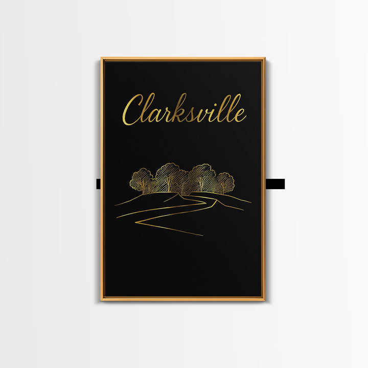 Clarksville Tennessee Travel Poster, Framed Canvas Print, Minimalist Gold Line Art, Clarksville City Art, City Art Print, Wanderlust Decor