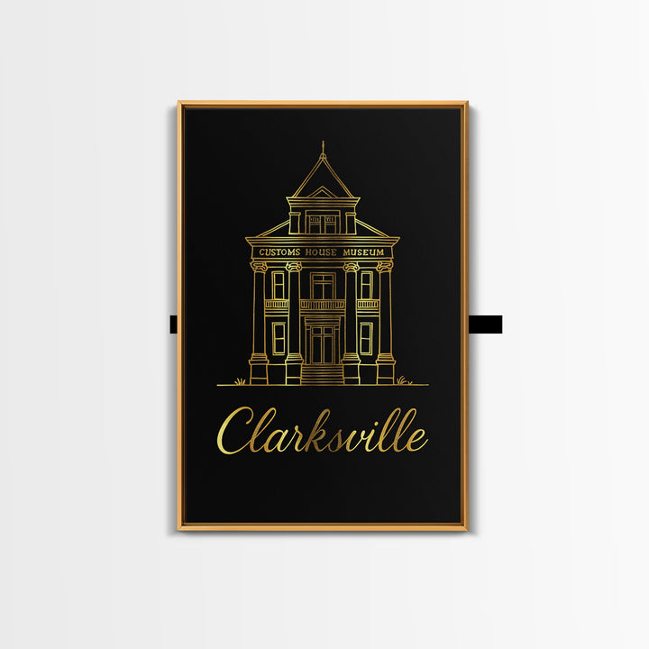 Clarksville Travel Poster, Framed Canvas Print, Gold Outline Poster Art, Clarksville Poster Print, Vintage City Art, Retro Travel Print