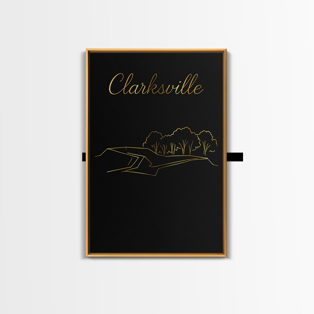 Clarksville Travel Poster, Framed Canvas Print, Black Gold Minimalist Art, Clarksville Travel Art, City Travel Prints, City Art Print