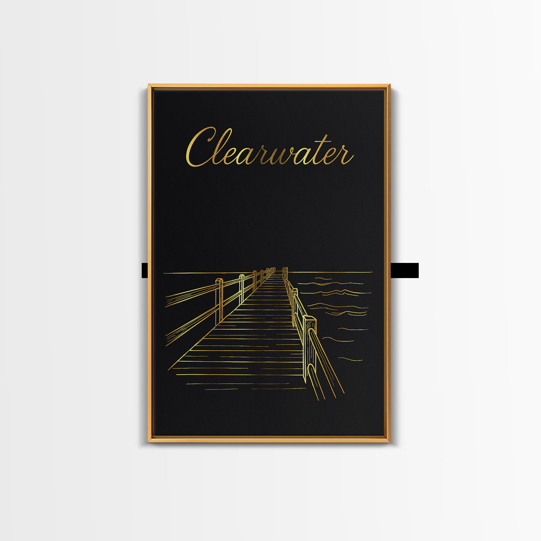 Clearwater Travel Poster, Framed Canvas Print, Gold Outline Poster Art, Clearwater Wall Art, Travel Poster Set, Modern Wall Decor