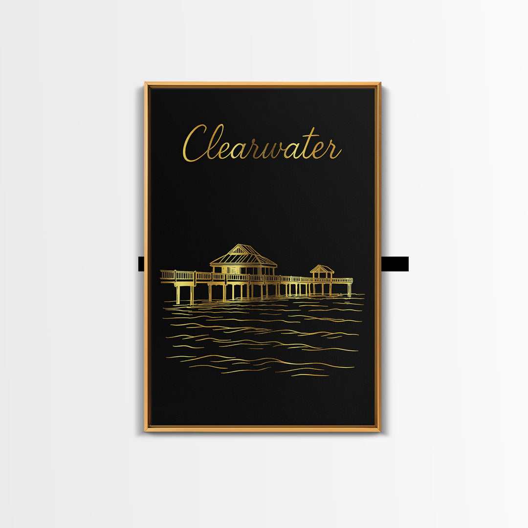 Clearwater Travel Poster, Framed Canvas Print, Gold Outline Poster Art, Clearwater Poster Print, Wanderlust Decor, City Illustration