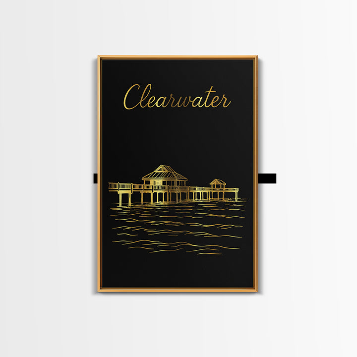 Clearwater Travel Poster, Framed Canvas Print, Gold Outline Poster Art, Clearwater Poster Print, Wanderlust Decor, City Illustration