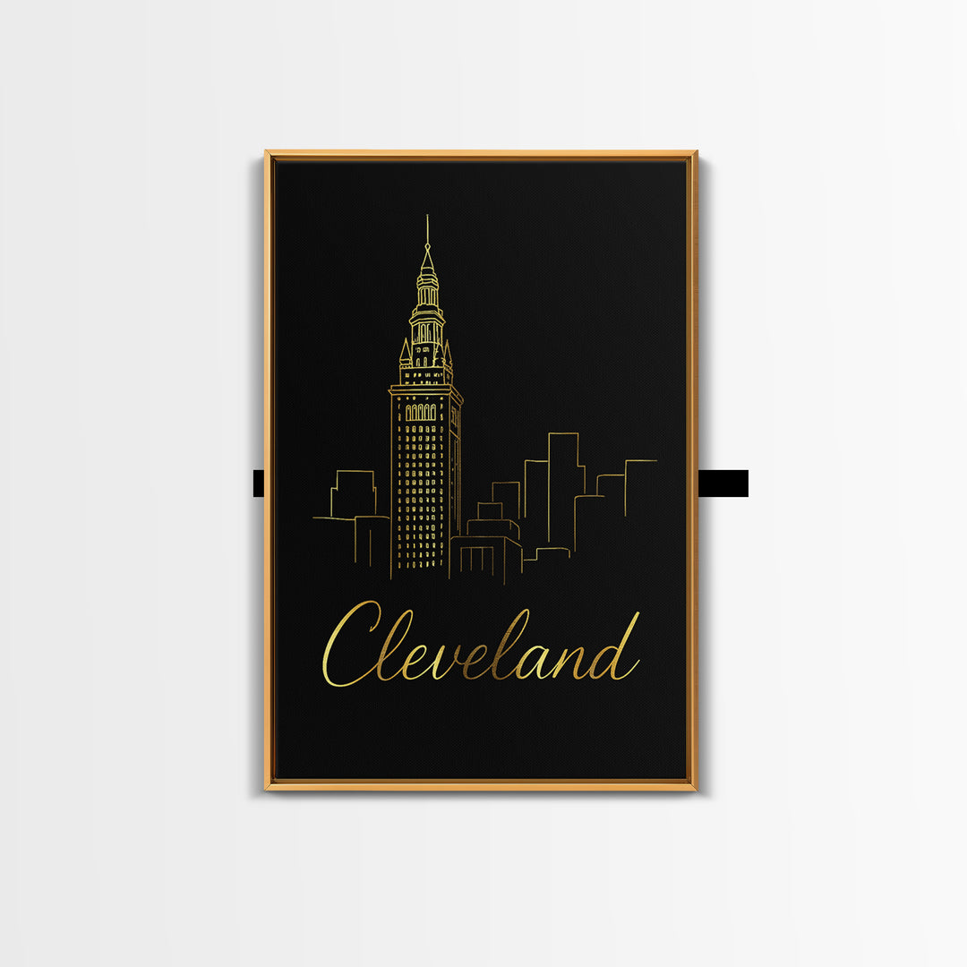 Cleveland Ohio Travel Poster, Framed Canvas Print, Minimalist Gold Line Art, Cleveland City Art, Fine Art Print, City Travel Prints
