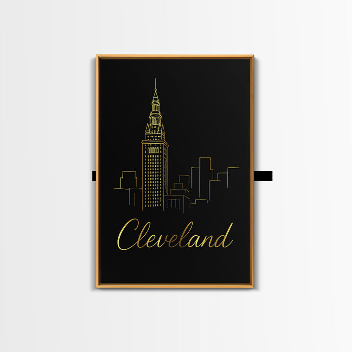 Cleveland Ohio Travel Poster, Framed Canvas Print, Minimalist Gold Line Art, Cleveland City Art, Fine Art Print, City Travel Prints