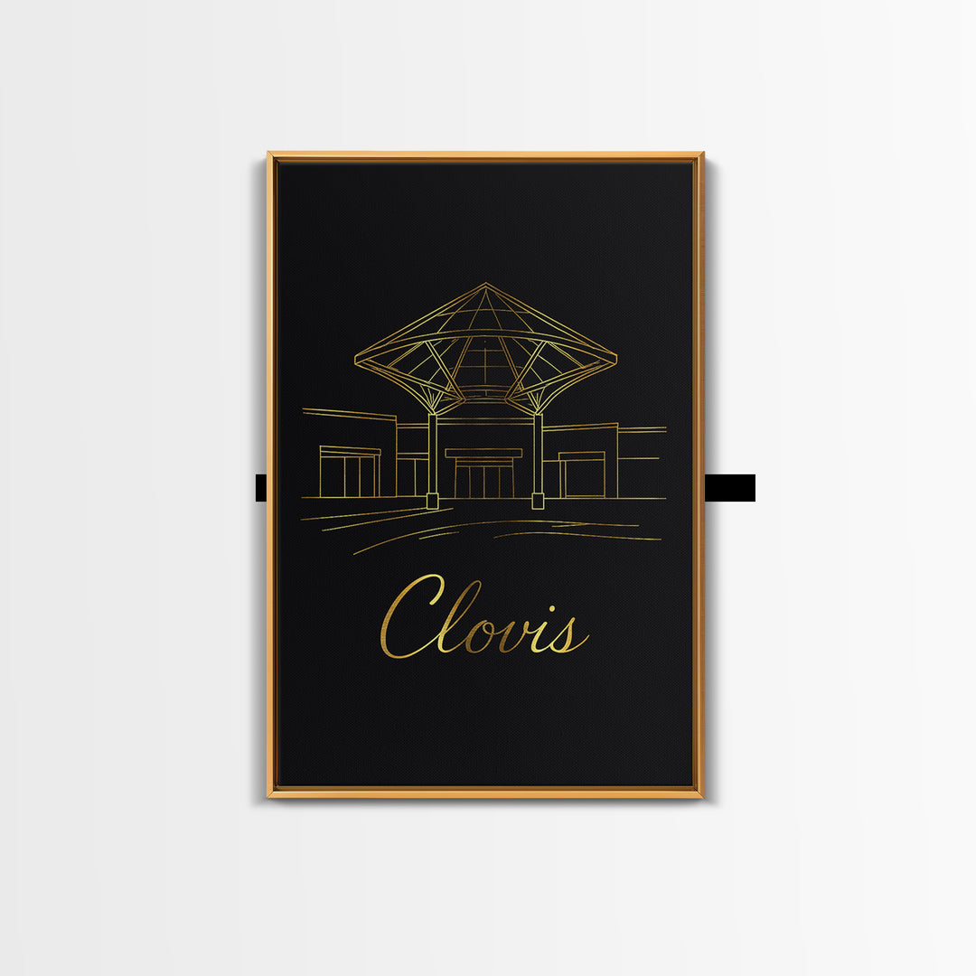 Clovis Travel Poster, Canvas Print, Gold Outline Poster Art, Clovis Travel Art, City Art Print, Mid Century Wall Art, Watercolor Skyline