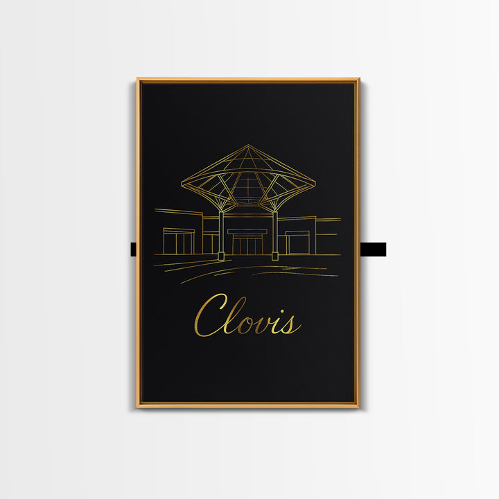 Clovis Travel Poster, Canvas Print, Gold Outline Poster Art, Clovis Travel Art, City Art Print, Mid Century Wall Art, Watercolor Skyline