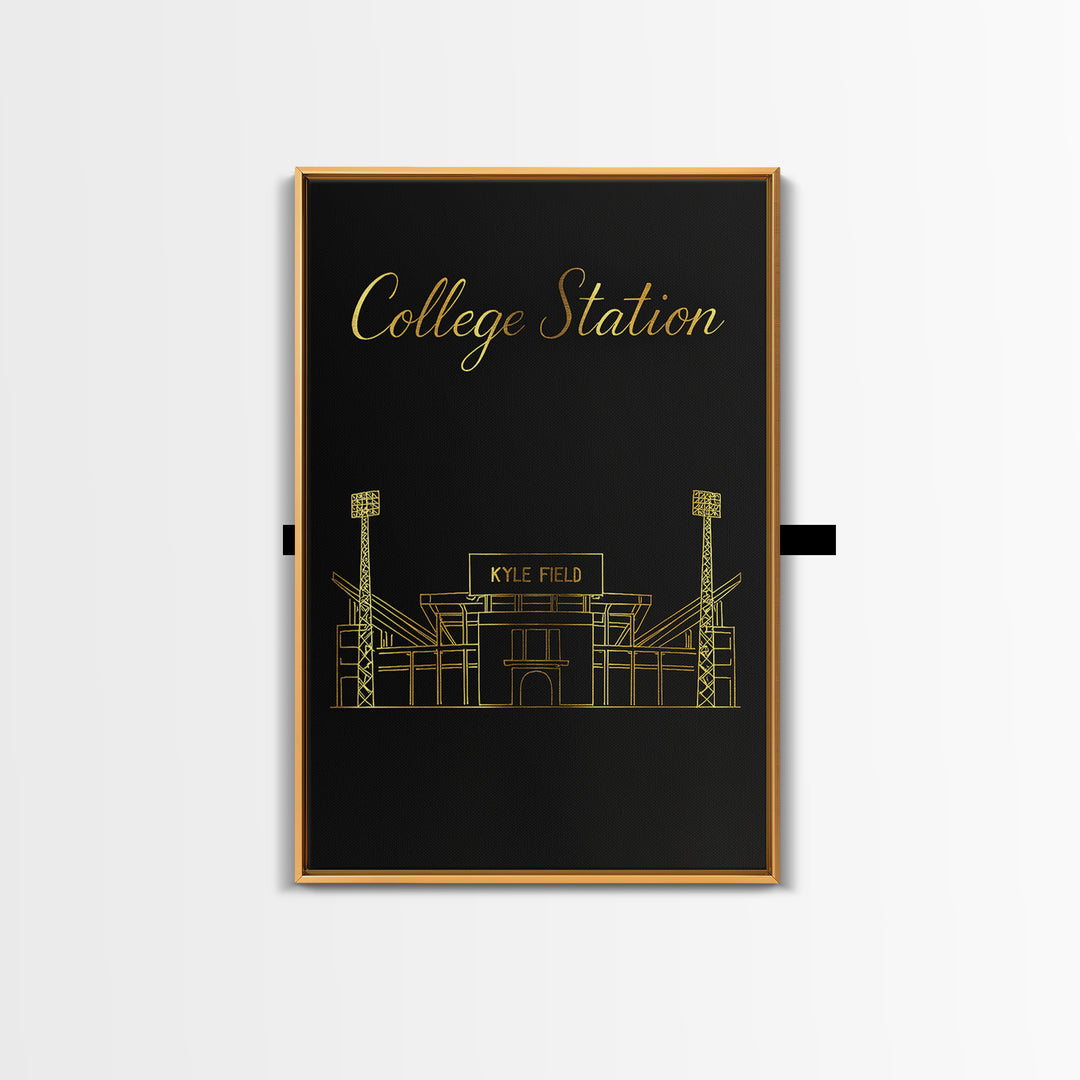 College Station Travel Poster, Framed Canvas Print, Minimalist Gold Line Art, College Station Travel Art, Watercolor Skyline