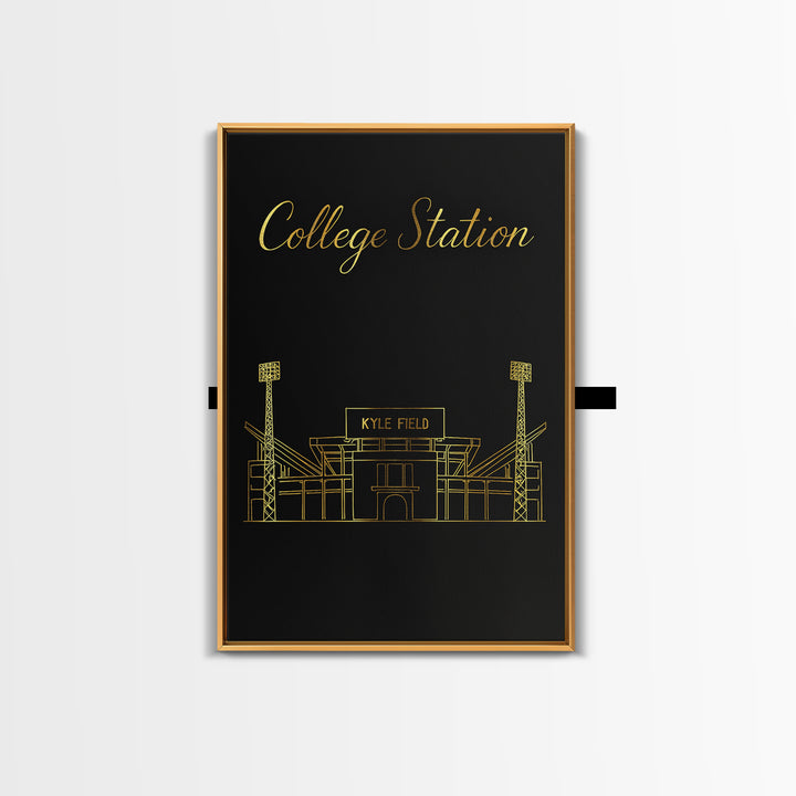 College Station Travel Poster, Framed Canvas Print, Minimalist Gold Line Art, College Station Travel Art, Watercolor Skyline