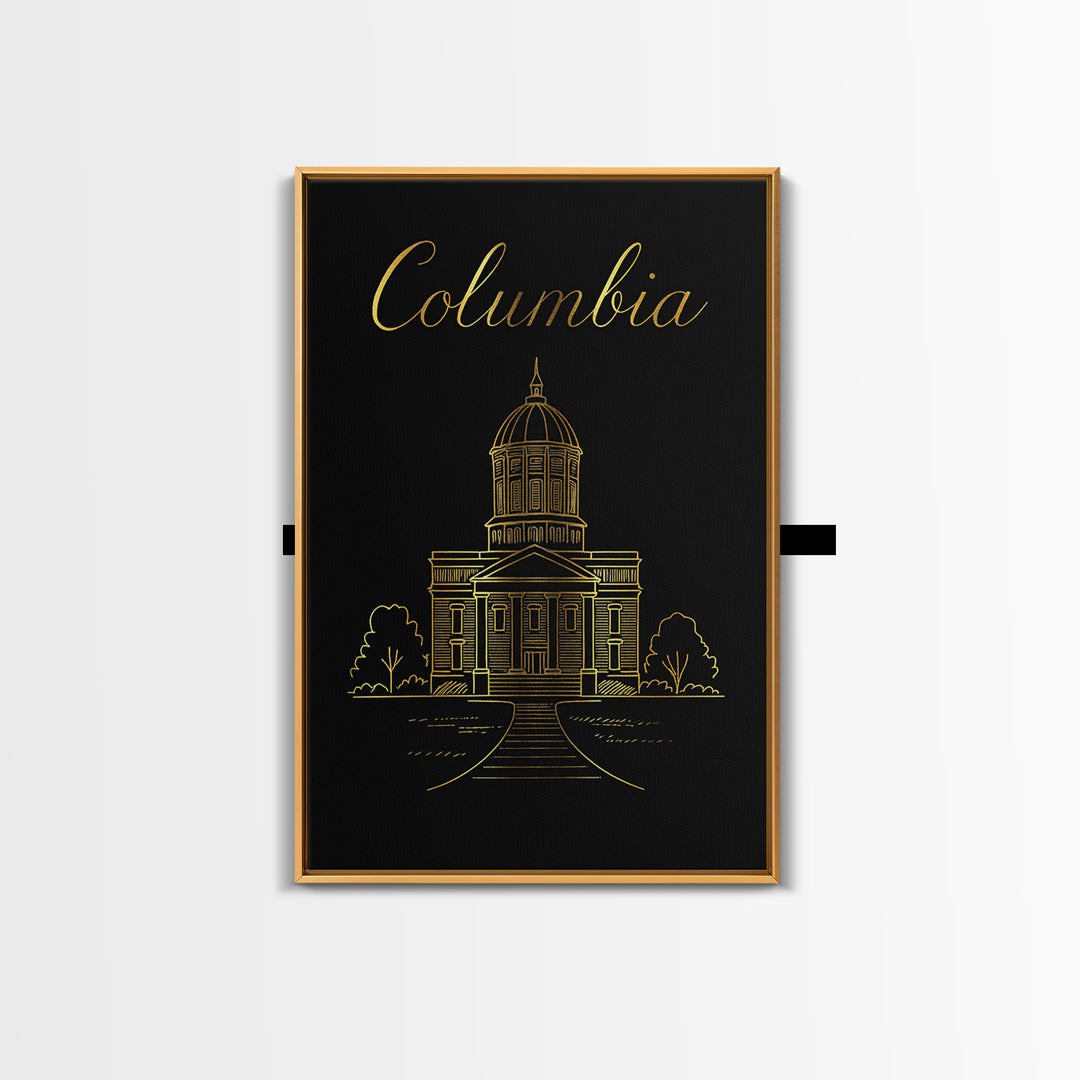 Columbia Travel Poster, Framed Canvas Print, Gold Outline Poster Art, Columbia Poster Print, City Art Print, Vintage Travel Print