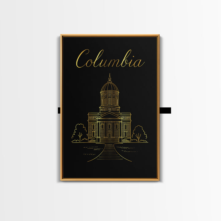 Columbia Travel Poster, Framed Canvas Print, Gold Outline Poster Art, Columbia Poster Print, City Art Print, Vintage Travel Print