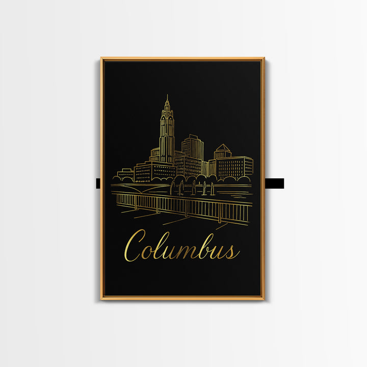Columbus Ohio Travel Poster, Framed Canvas Print, Black Gold Minimalist Art, Columbus Travel Art, Travel Wall Art, Living Room Wall Art