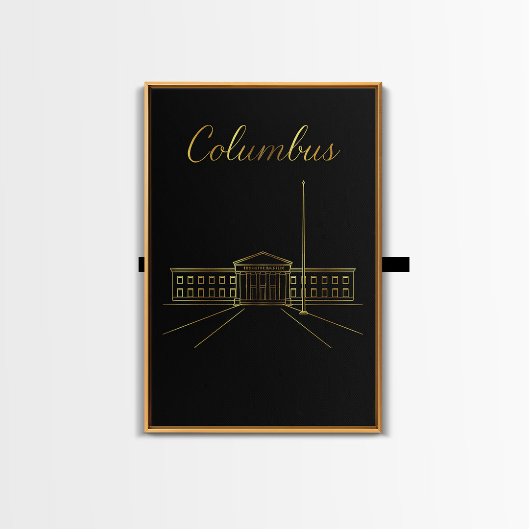 Columbus Travel Poster, Framed Canvas Print, Dark Minimalist Wall Art, Columbus Travel Art, Travel Poster Art, Mid Century Wall Art