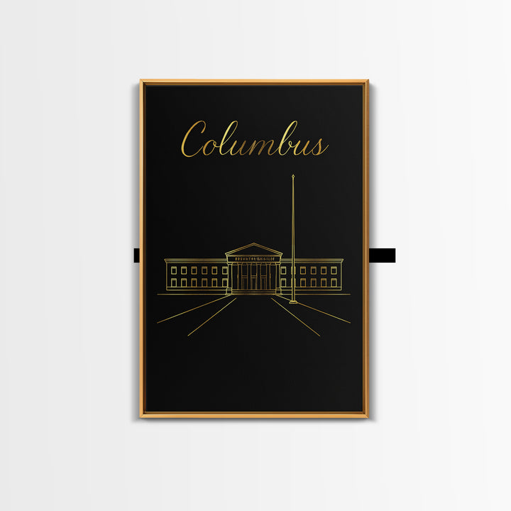 Columbus Travel Poster, Framed Canvas Print, Dark Minimalist Wall Art, Columbus Travel Art, Travel Poster Art, Mid Century Wall Art
