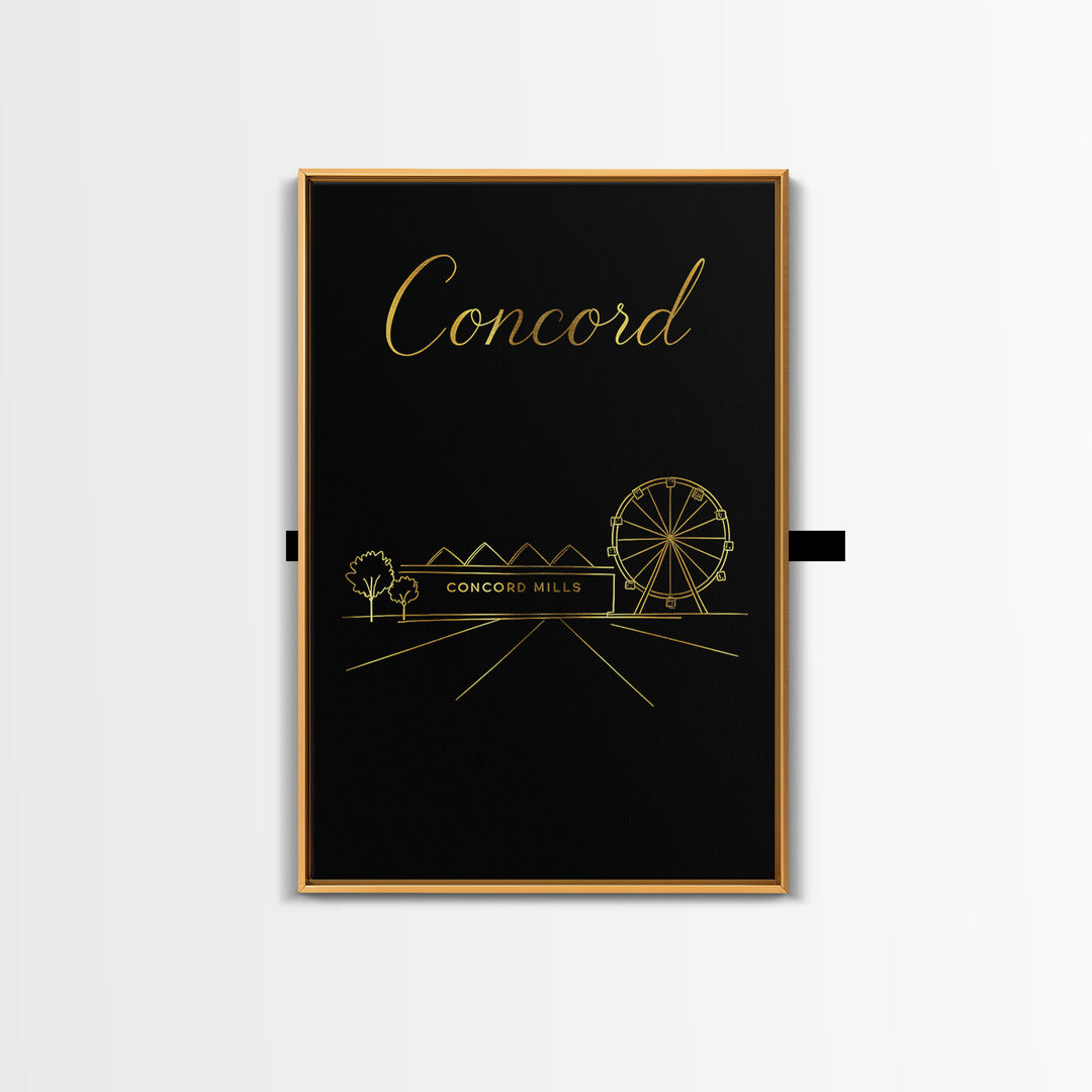 Concord Travel Poster, Framed Canvas Print, Minimalist Gold Line Art, Concord Poster Print, Wanderlust Decor, Home Office Decor