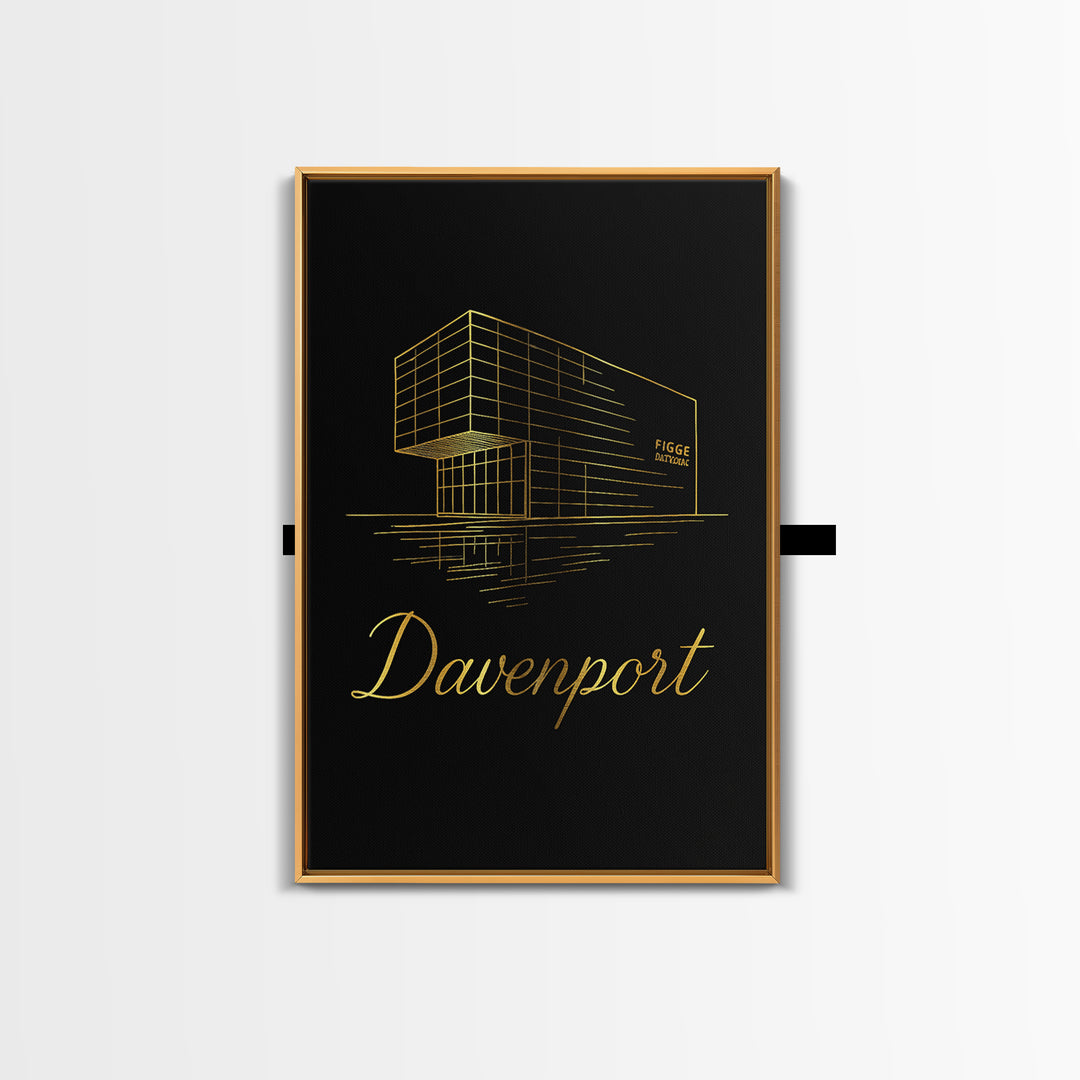 Davenport Iowa Travel Poster, Framed Canvas Print, Minimalist Gold Line Art, Davenport Wall Art, City Travel Prints, Retro Travel Print