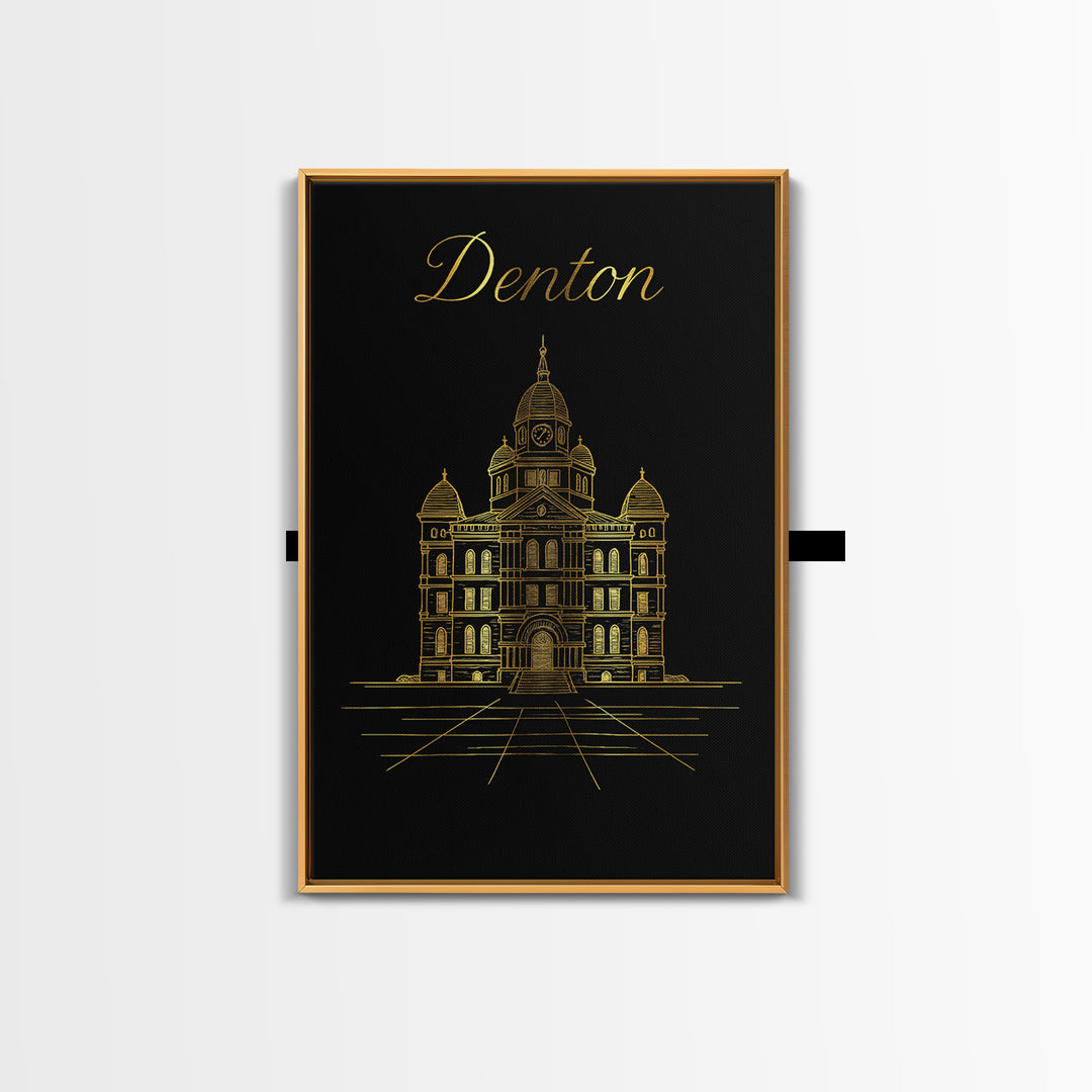 Denton Travel Poster, Framed Canvas Print, Minimalist Gold Line Art, Denton Art Print, City Art Print, Travel Poster Art, Fine Art Print