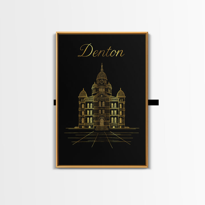 Denton Travel Poster, Framed Canvas Print, Minimalist Gold Line Art, Denton Art Print, City Art Print, Travel Poster Art, Fine Art Print