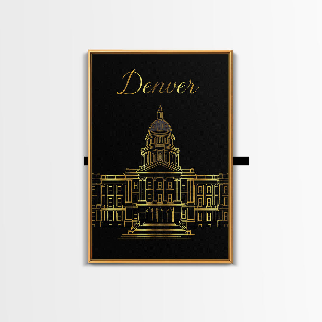 Denver Travel Poster, Framed Canvas Print, Minimalist Gold Line Art, Denver Poster Print, Travel Art Print, Modern Wall Decor, Design 2