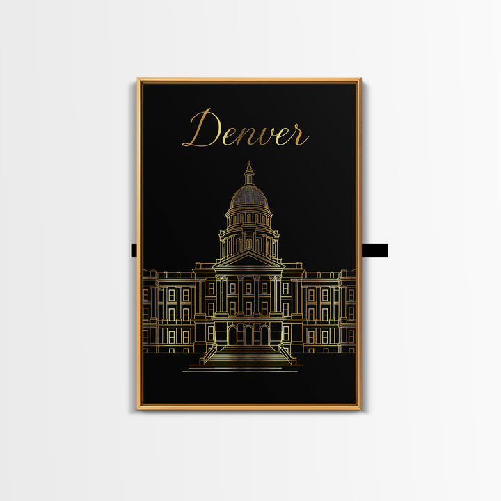 Denver Travel Poster, Framed Canvas Print, Minimalist Gold Line Art, Denver Poster Print, Travel Art Print, Modern Wall Decor, Design 2