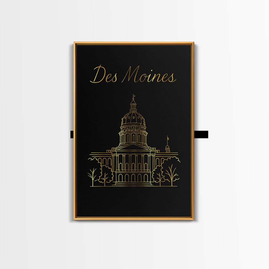 Des Moines Travel Poster, Canvas Print, Black Gold Minimalist Art, Des Moines Art Print, Home Office Decor, Fine Art Print, Retro Poster