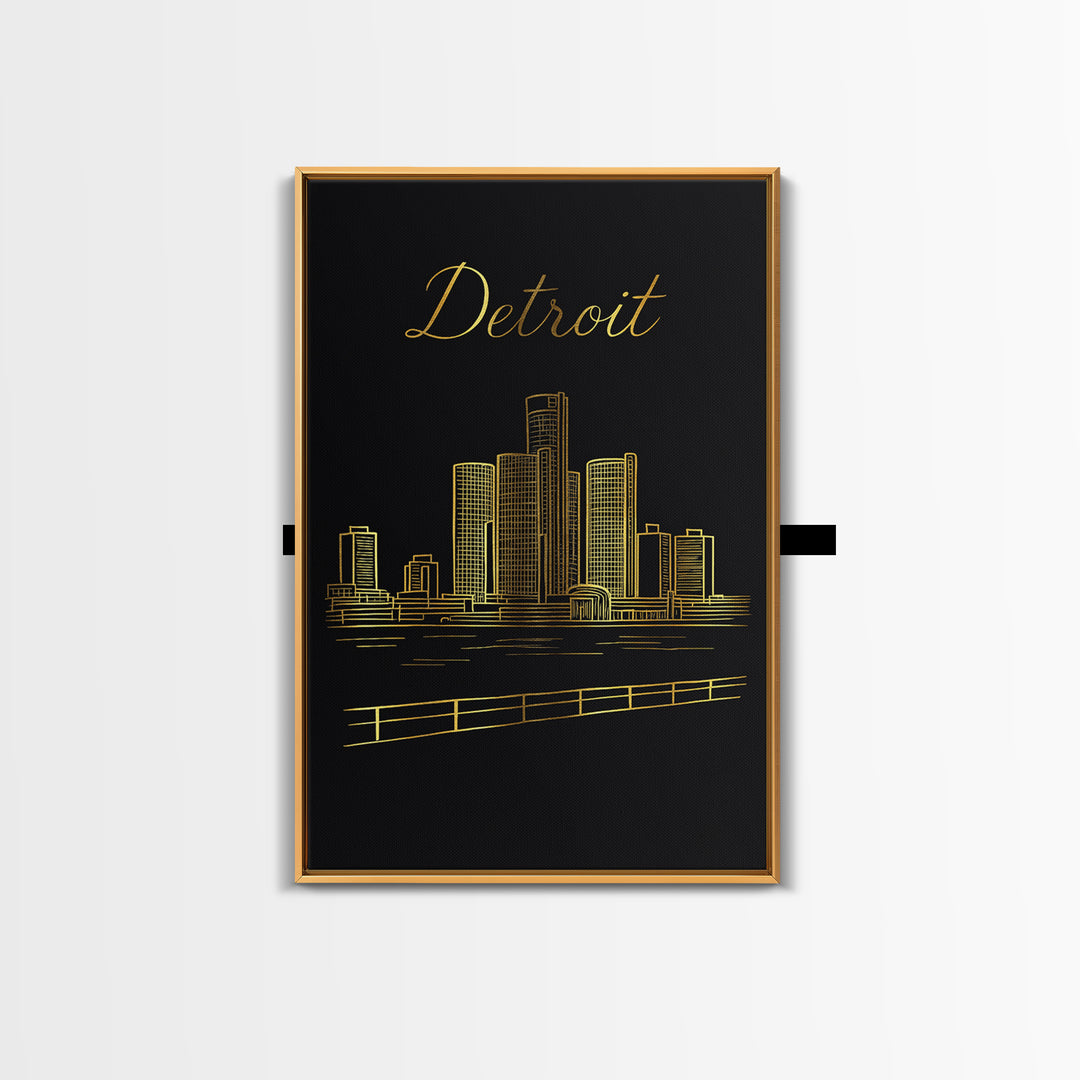 Detroit Michigan Travel Poster, Canvas Print, Black Gold Minimalist Art, Detroit City Art, City Travel Prints, Wanderlust Decor, Design 1