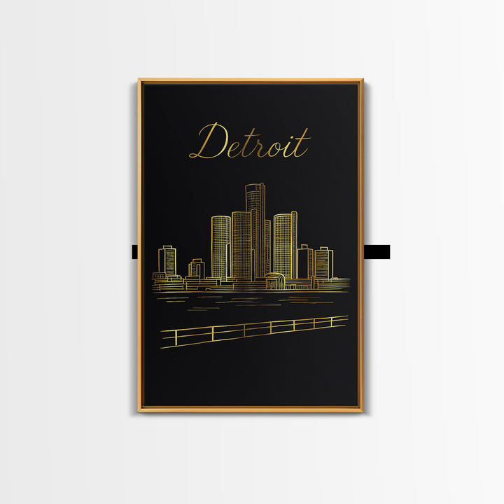 Detroit Michigan Travel Poster, Canvas Print, Black Gold Minimalist Art, Detroit City Art, City Travel Prints, Wanderlust Decor, Design 1