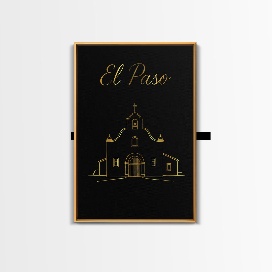 El Paso Texas Travel Poster, Canvas Print, Gold Outline Poster Art, El Paso Travel Art, City Art Print, Home Office Decor, Retro Poster