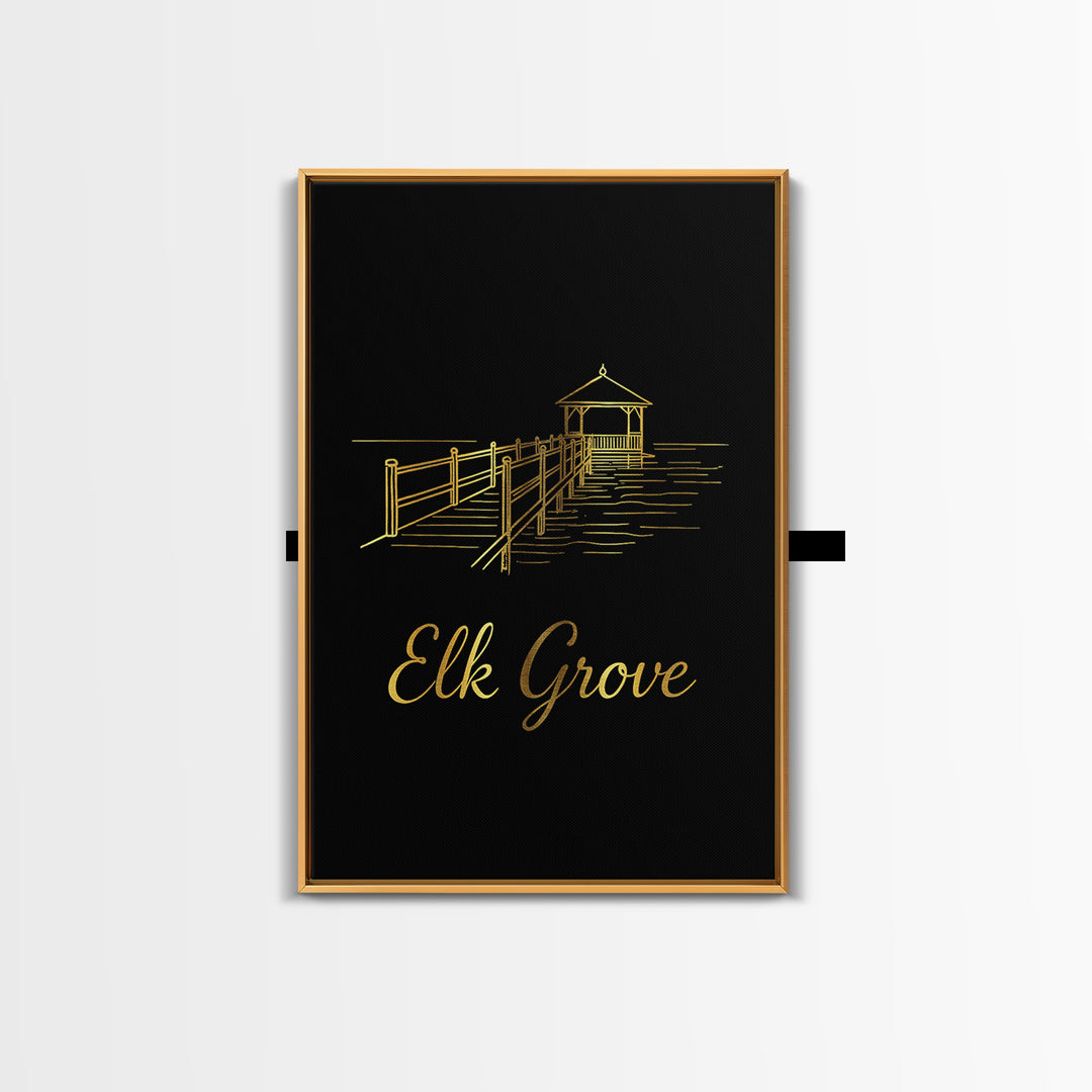 Elk Grove Travel Poster, Canvas Print, Gold Outline Poster Art, Elk Grove Poster Print, Travel Wall Decor, Mid Century Wall Art