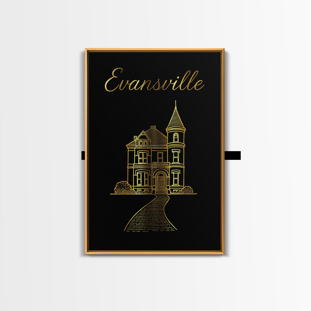 Evansville Indiana Travel Poster, Canvas Print, Minimalist Gold Line Art, Evansville Travel Art, Vintage City Art, Travel Art Print, Print