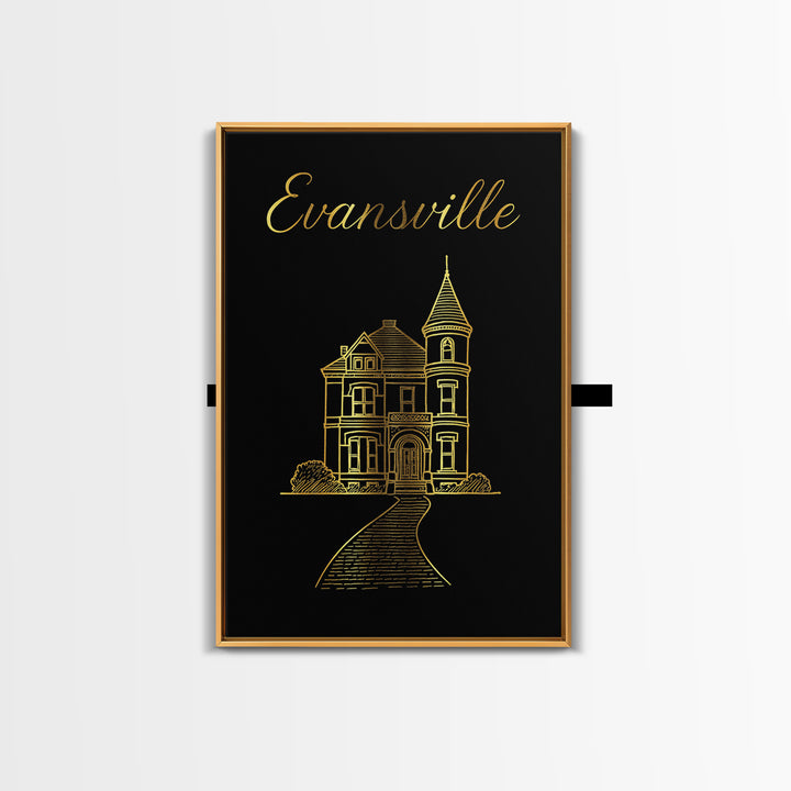 Evansville Indiana Travel Poster, Canvas Print, Minimalist Gold Line Art, Evansville Travel Art, Vintage City Art, Travel Art Print, Print