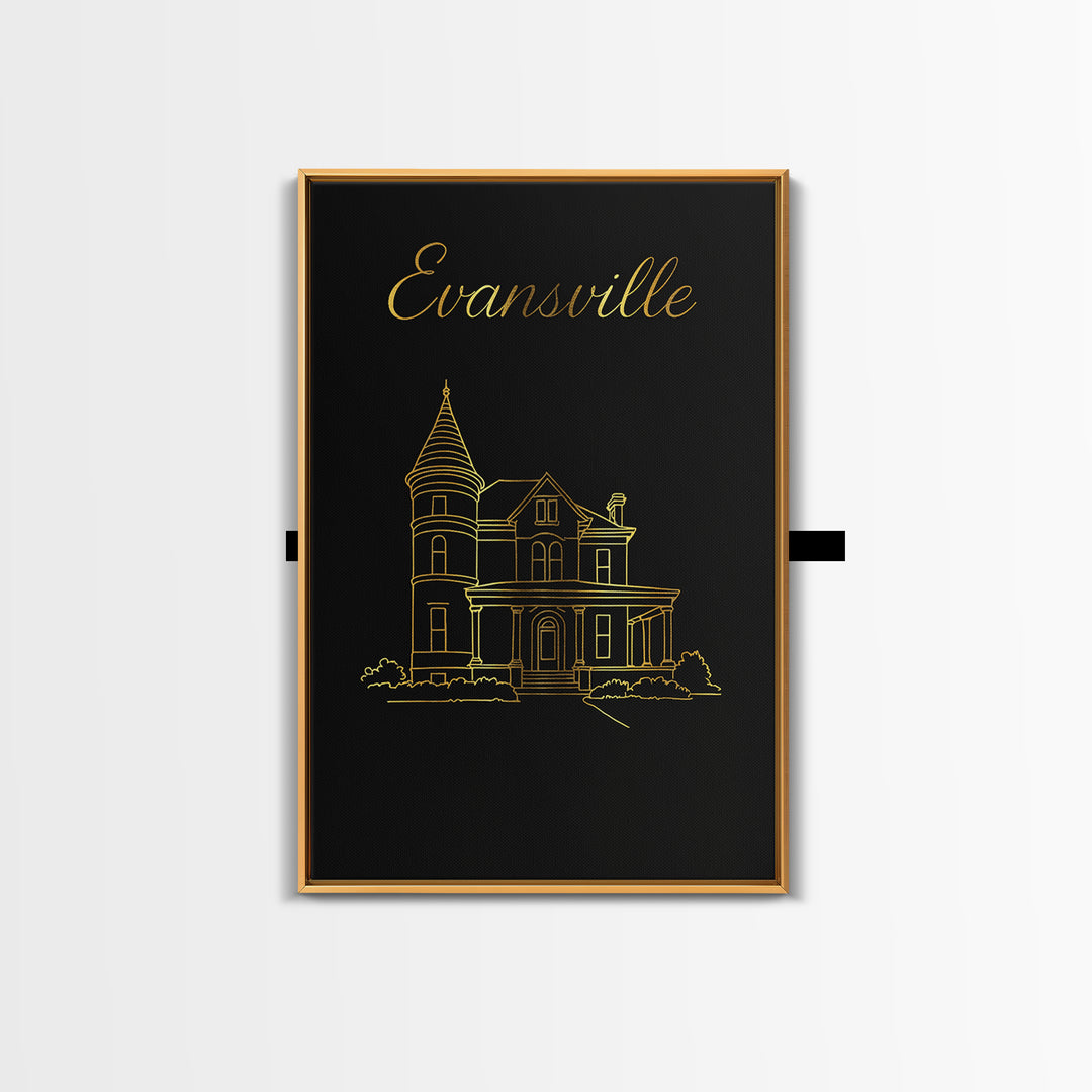 Evansville Travel Poster, Framed Canvas Print, Gold Outline Poster Art, Evansville Poster Print, Travel Wall Art, Fine Art Print