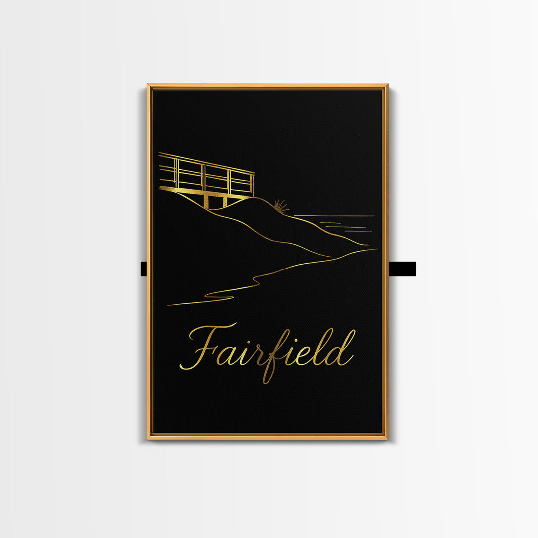 Fairfield Travel Poster, Framed Canvas Print, Gold Outline Poster Art, Fairfield Art Print, Vintage Travel Print, City Illustration