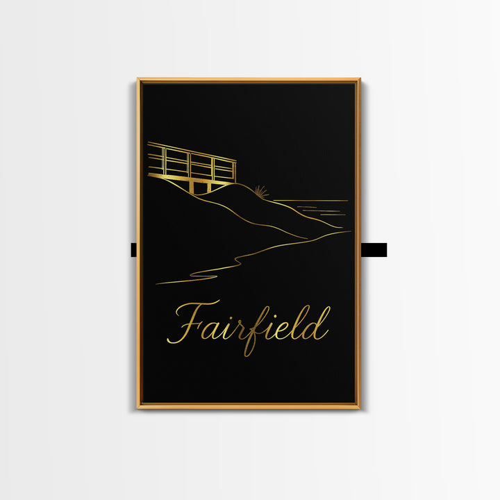 Fairfield Travel Poster, Framed Canvas Print, Gold Outline Poster Art, Fairfield Art Print, Vintage Travel Print, City Illustration