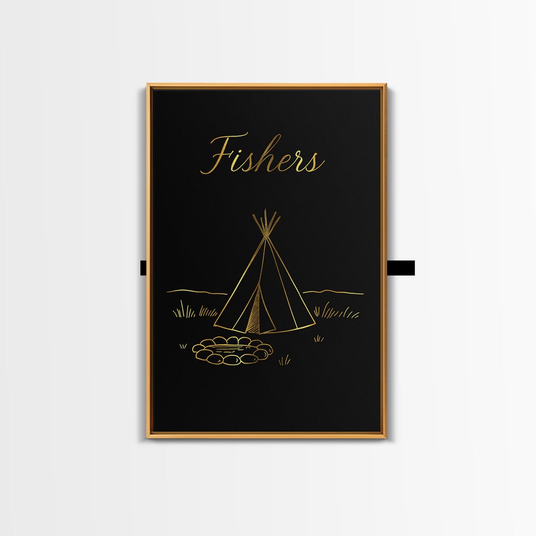 Fishers Indiana Travel Poster, Framed Canvas Print, Minimalist Gold Line Art, Fishers Poster Print, Mid Century Wall Art, Modern Wall Decor