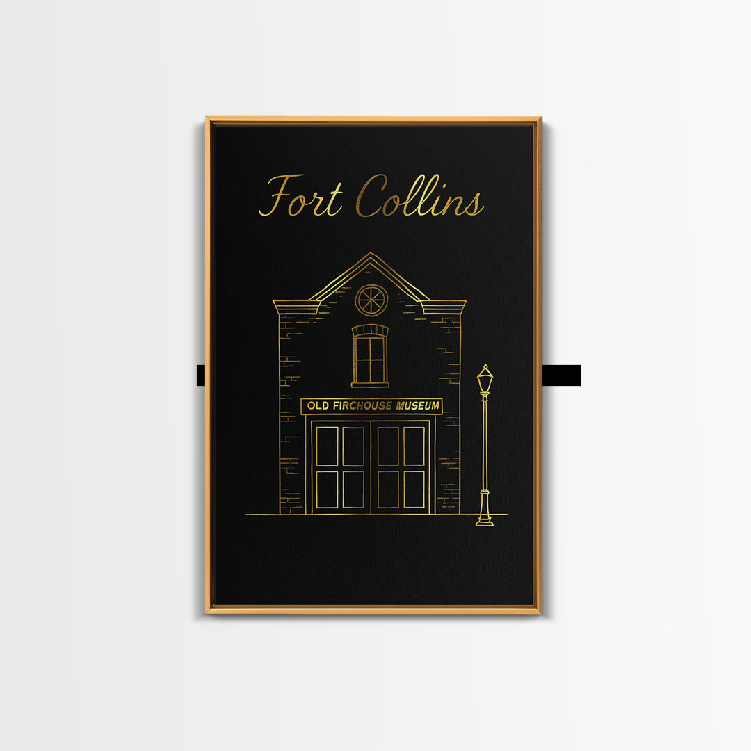 Fort Collins Travel Poster, Framed Canvas Print, Minimalist Gold Line Art, Fort Collins Travel Art, Travel Art Print, Travel Wall Art